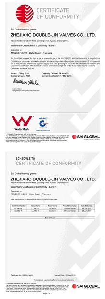 中国 ZHEJIANG DOUBLE-LIN VALVES CO.,LTD. 認証